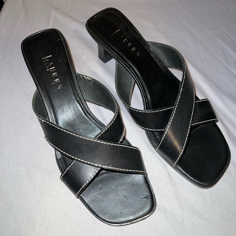 Lauren Ralph Lauren Black Leather Sandals Size 9 with some nibbles